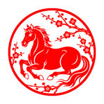 圆形红底骏马剪纸图案