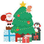 圣诞树圣诞老人小企鹅送一堆礼物