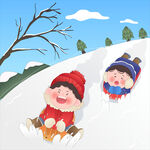 冬季雪天孩子滑雪场雪橇滑雪插画