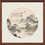 圆形中式小青绿写意山水画