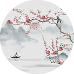 水墨梅花飞鸟山水图