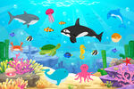 可爱海豚卡通海底鲸鱼珊瑚背景墙