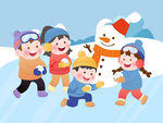 冬天儿童户外雪地打雪仗堆雪人