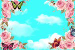 梦幻花卉与蓝天蝴蝶图景
