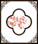 中式窗棂中的红梅景致