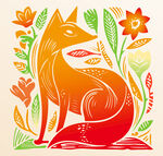 插画中的多彩狐狸与花卉