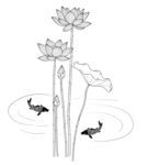 水墨荷花游鱼图 矢量图