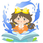 小女孩充满想象力阅读书籍插画