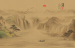 中古风国画山水画背景墙