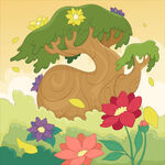 春天绿色大树下花丛花瓣飘落插画