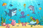 卡通鲨鱼海豚海底动物珊瑚背景墙