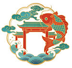 中式鲤鱼祥云牌坊插画
