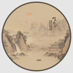 中式山水圆形古风画作