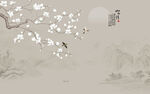 新中式山水情花鸟画背景墙