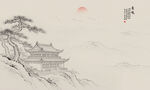 中式古风阁楼意境水墨山水画