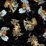 中式神兽图案黑色背景印花