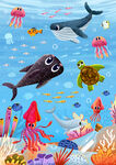 卡通鲸鱼海洋动物珊瑚海底背景