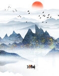山水间的孤舟与落日美景