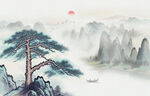 新中式国画迎客松背景墙