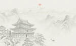 中国风古画山水画沙发电视背景墙