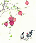 石榴树下的鸡群水墨画小鸡
