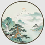 中式山水圆形迎客松装饰画