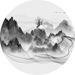 水墨山水间的孤树意境