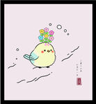 手绘矢量图可爱小鸟头顶缤纷花朵