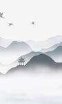 水墨山水间飞鸟伴古亭