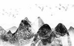 水墨群山飞鸟意境图