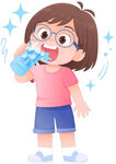 女孩喝冰水大冰块夏天防中暑插画