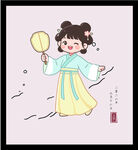 手绘矢手持团扇的古风可爱小女孩