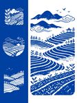 矢量茶园梯田山水风景禅意插画