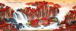 红叶瀑布山水国画景观