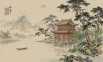 新中式古风阁楼山水画背景壁画