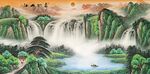 青绿山水瀑布国画
