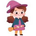 万圣节骑扫把可爱小女巫儿童插画