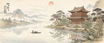 中式古画古风阁楼山水画电视壁画