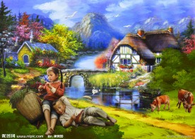 油画风景 山村油画