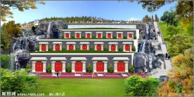 墓园假山跌水景观效果图