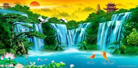 松鹤延年 瀑布风景 山水画