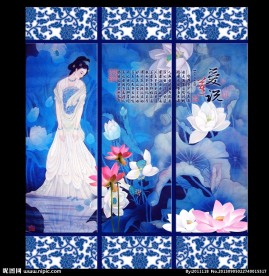 荷花仕女青花装饰画