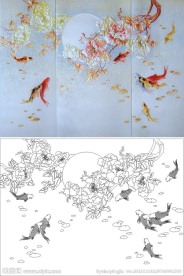 九鱼追月 牡丹花 鱼