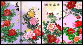 四条屏 花开富贵