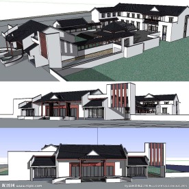 中式四合院宅院建筑SU