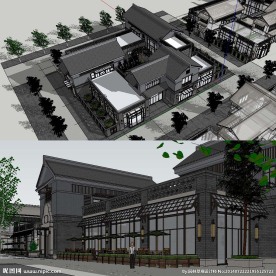 现代中式四合院建筑SU