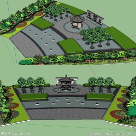草图大师中式广场景观