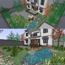 草图中式庭院花园景观