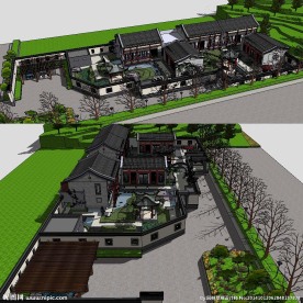 中式建筑庭院花园景观