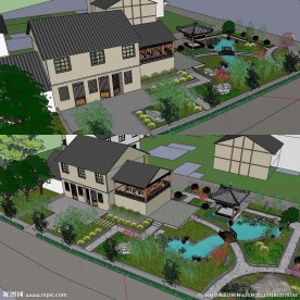 中式花园庭院景观模型